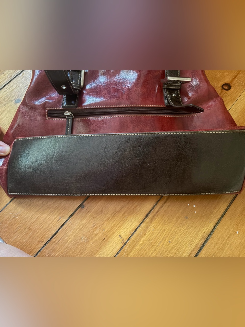 Burgundy & Dark Brown Two-Tone Leather Shoulder Bag with Silver Hardware - Picture 6 of 9